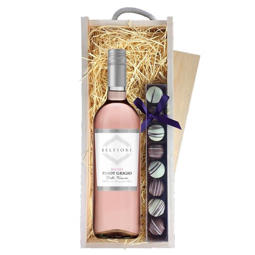 Belfiore Pinot Grigio Blush Rose Wine & Heart Truffles, Wooden Box